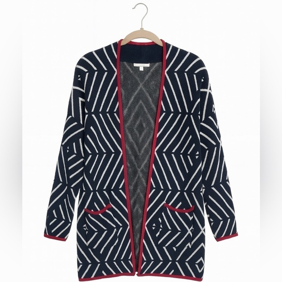 Foxcroft Sweaters - Foxcroft Women's Medium Long Black/White Open Cardigan With Red Accents.
